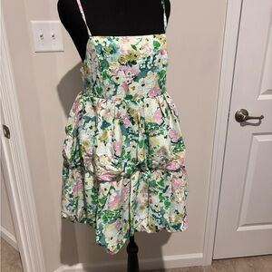 TCEC Floral Tiered Mini Dress - Pink, Green, Yellow